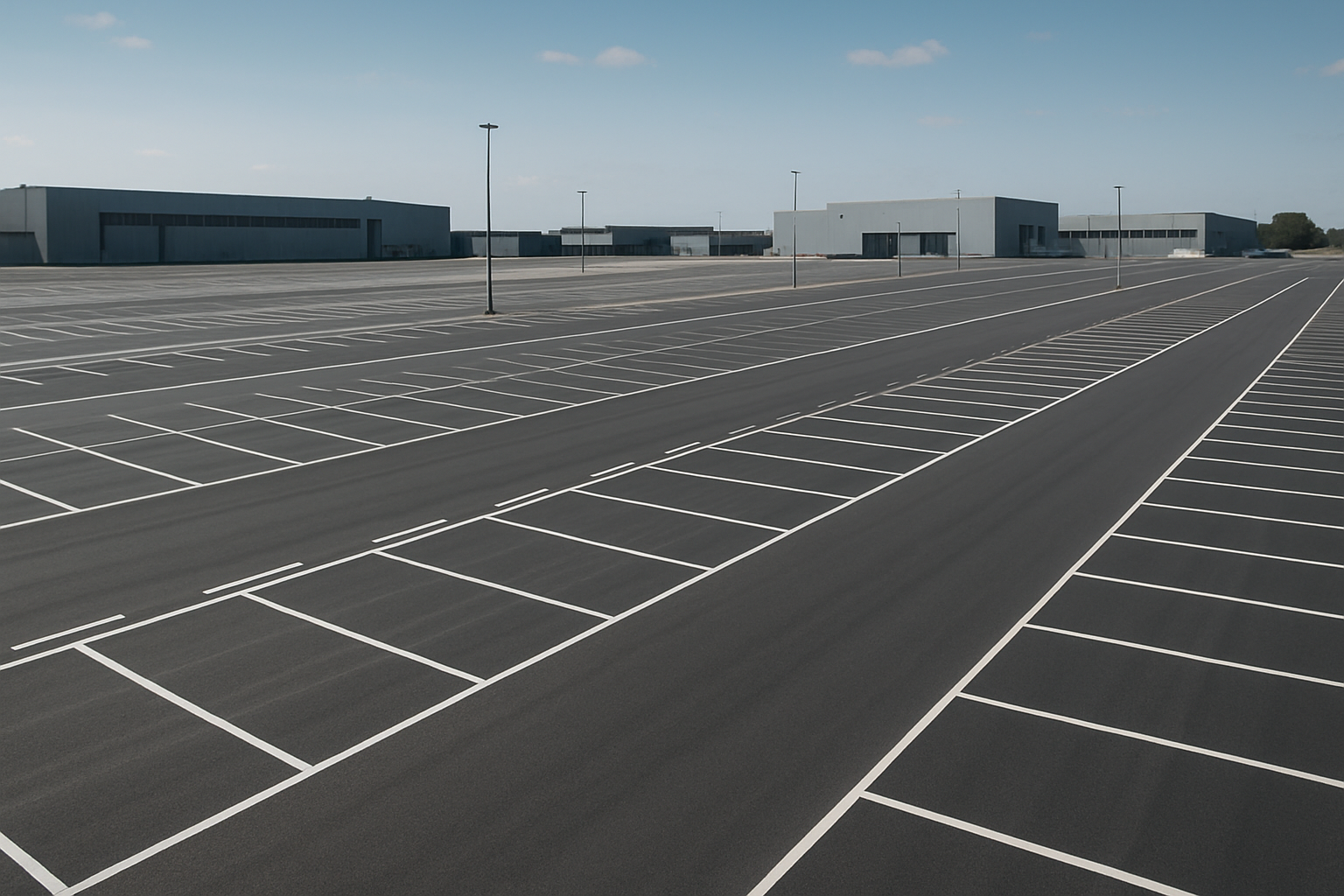 A large organized parking and logistics area with wide lanes and industrial surroundings