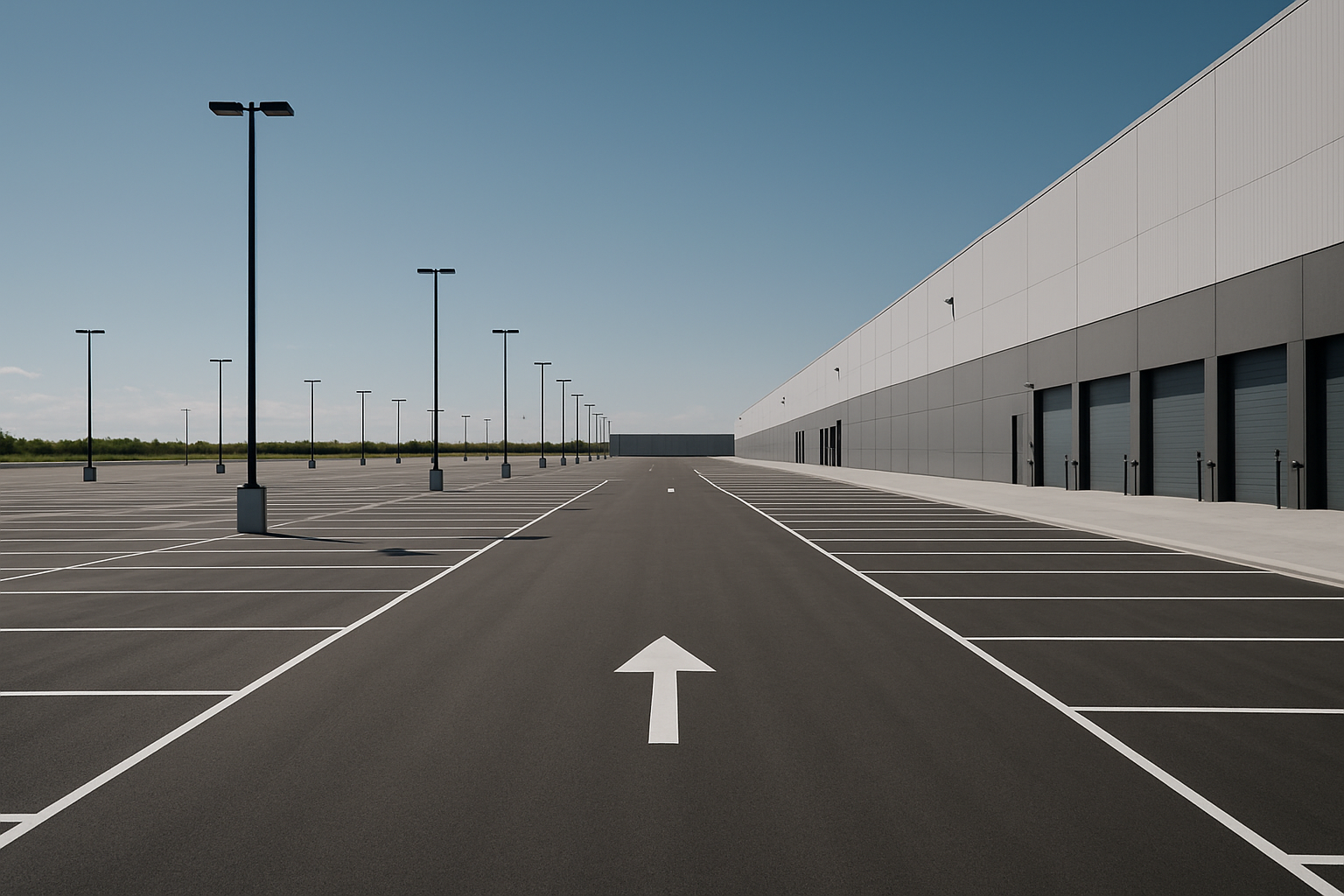 Expansive commercial parking area with precise lane markings and lighting infrastructure