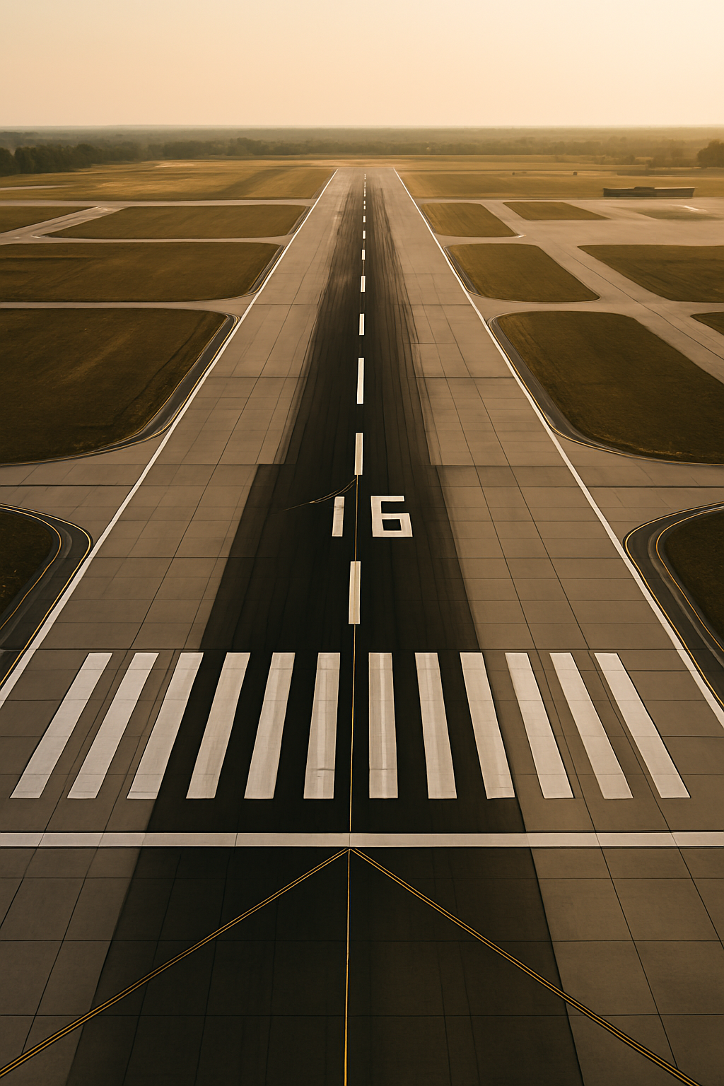 aerial view of a modern airport runway with parallel taxiways and crisp white markings at golden hour