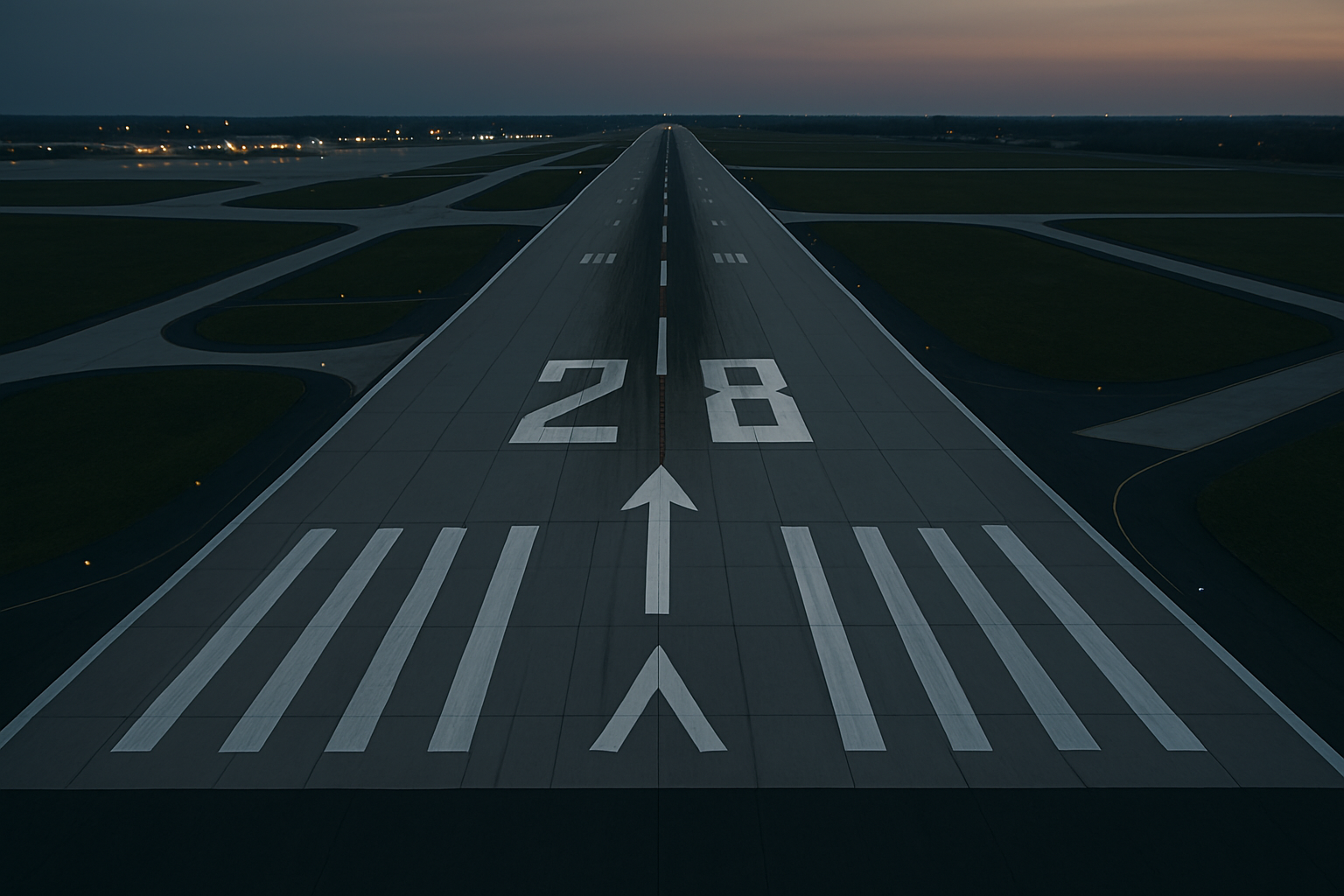 Aerial view of a modern airport runway with crisp white markings and adjacent taxiways at dusk