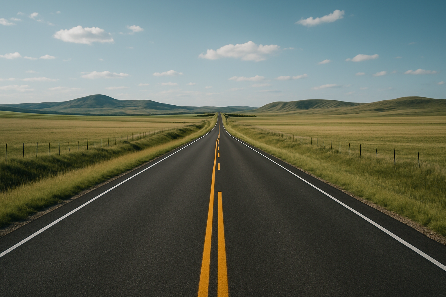 A long rural road cutting through open countryside with distant hills and minimal traffic