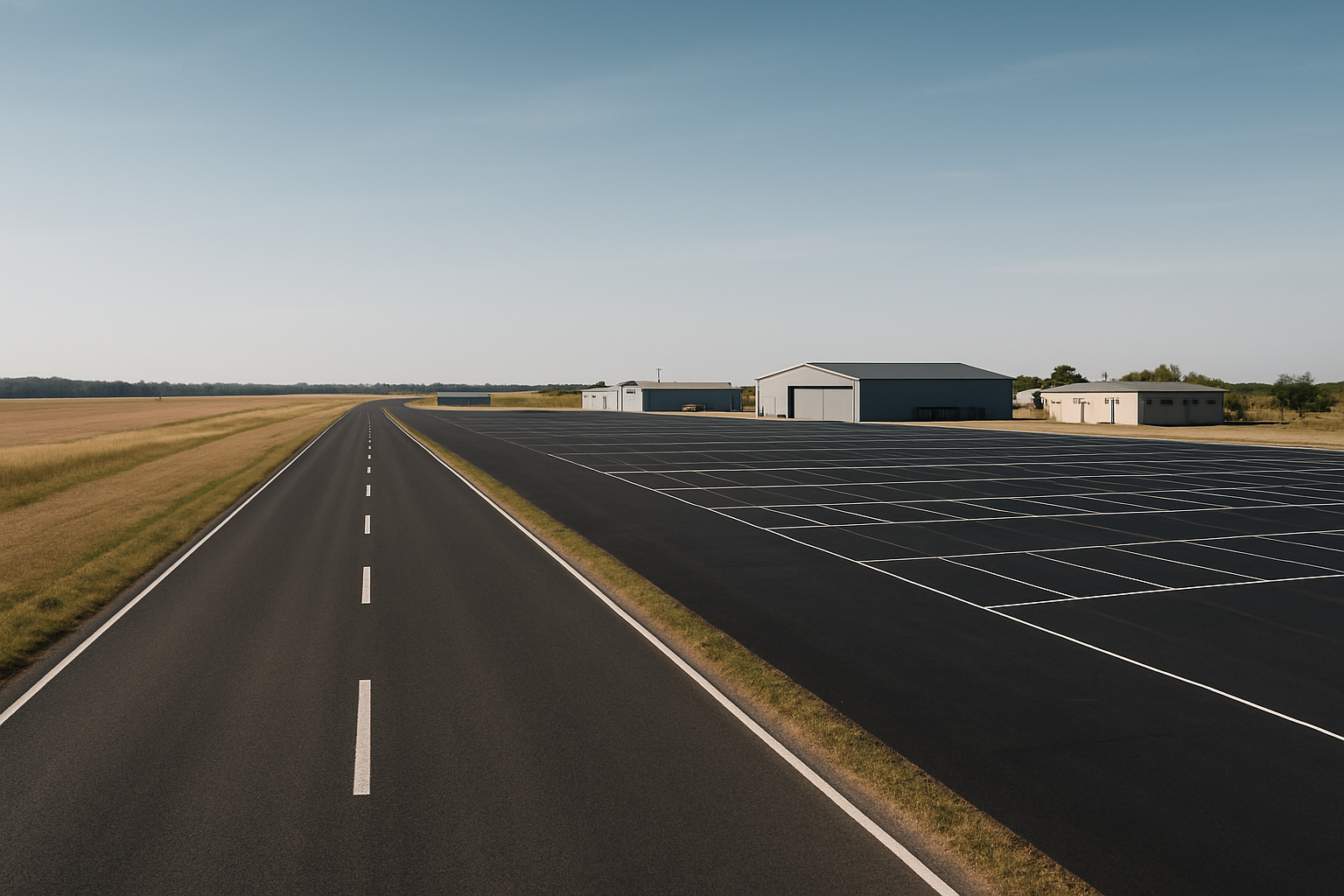 Wide rural roadway leading into a large paved parking area bordered by fields and low industrial buildings