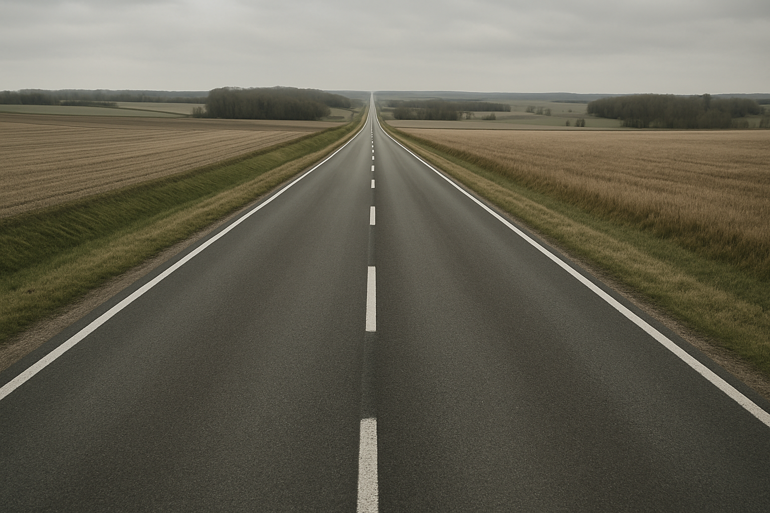 Long, straight rural roadway stretching through open farmland under a soft overcast sky