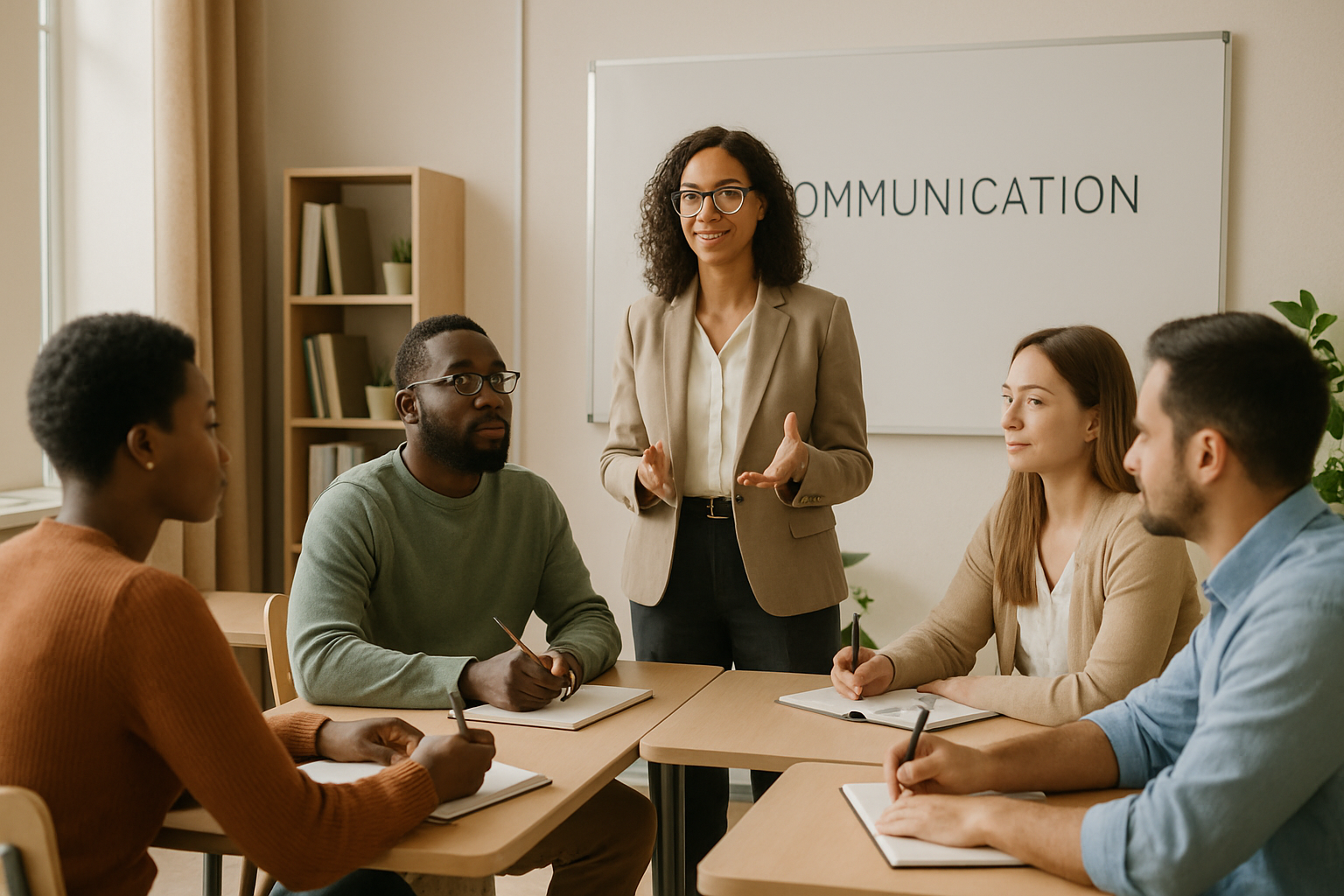 Modern academic communication classroom with diverse adult learners