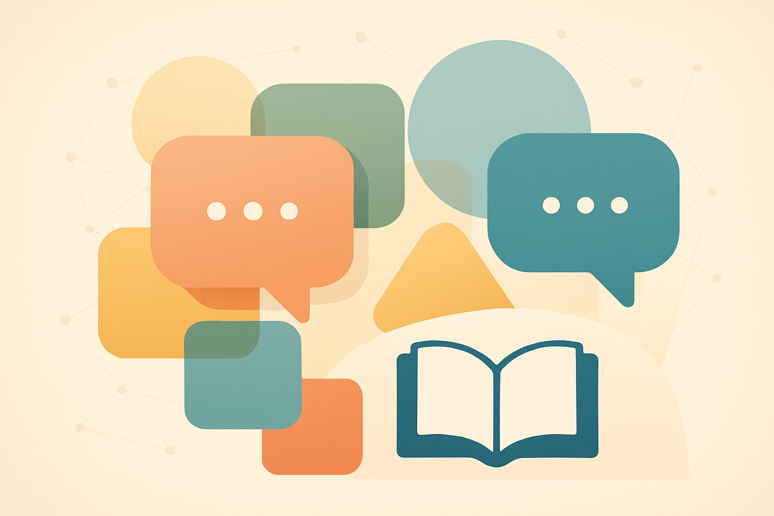 Abstract educational illustration with layered shapes, speech bubbles, and learning symbols