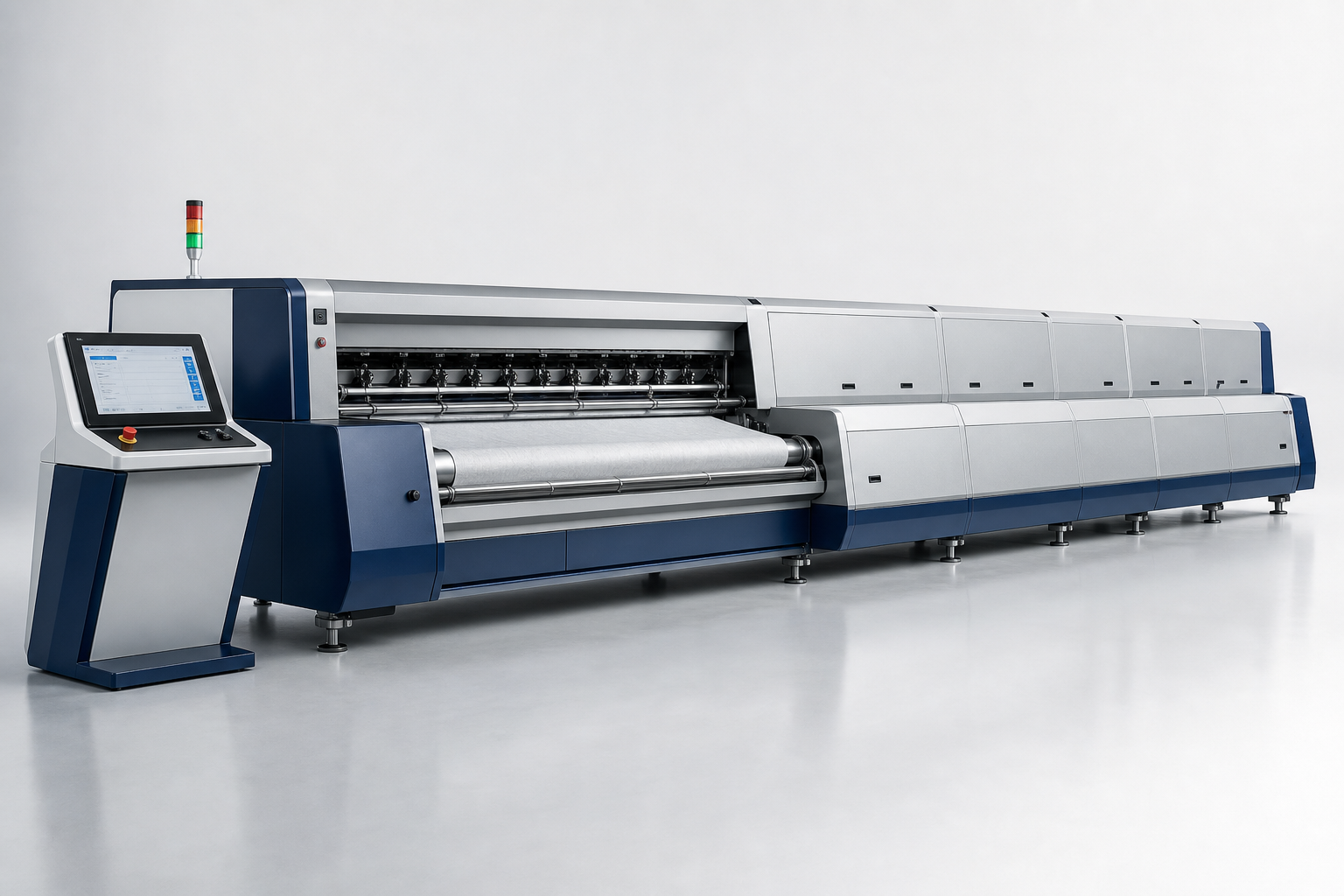 Automated sizing machine with long steel body, navy accents, and integrated control console