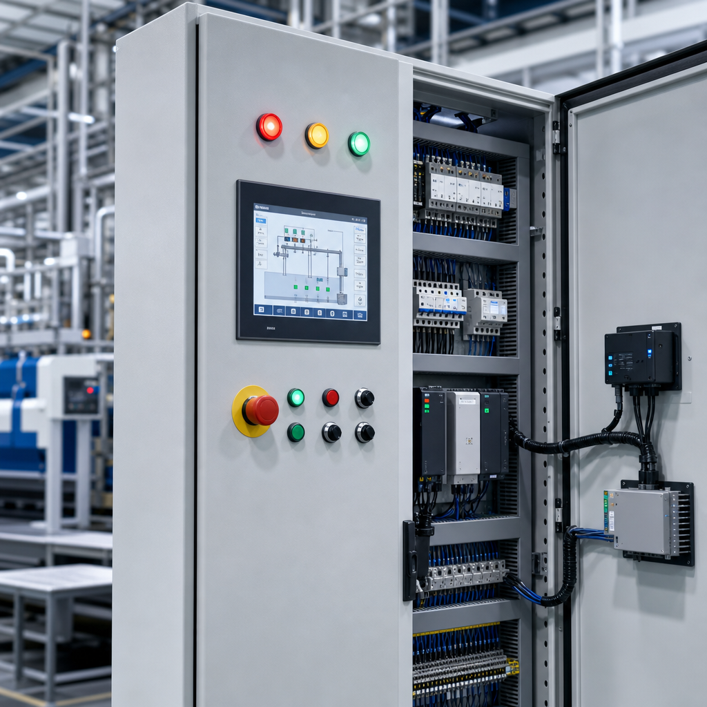 Industrial automation control cabinet with touch interface and wiring