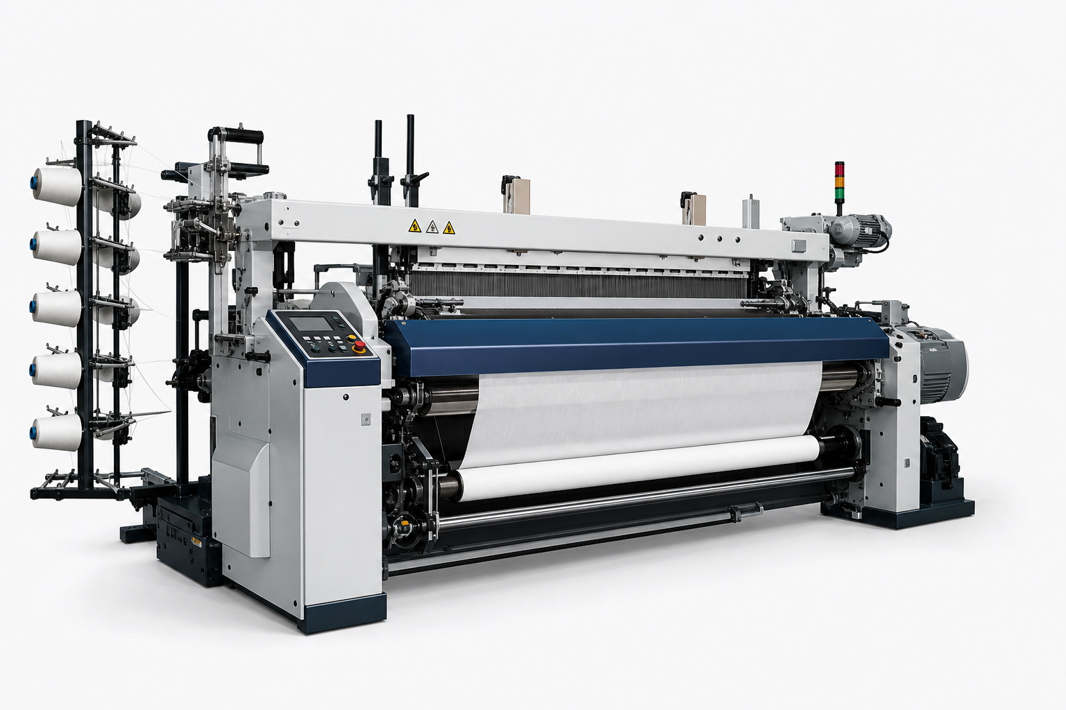 Compact rapier loom with steel frame and soft lighting showing precision weaving components