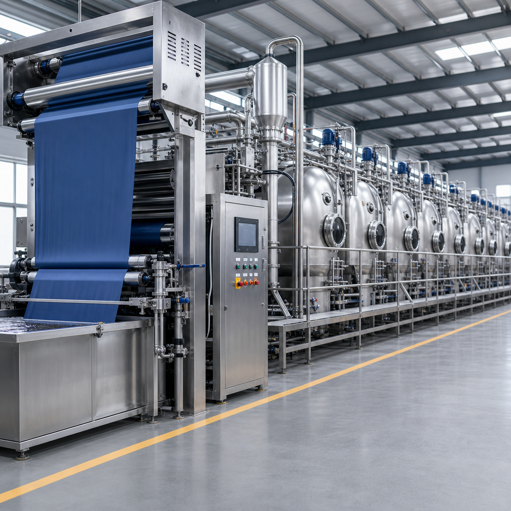 Continuous dyeing and finishing line with stainless processing tanks