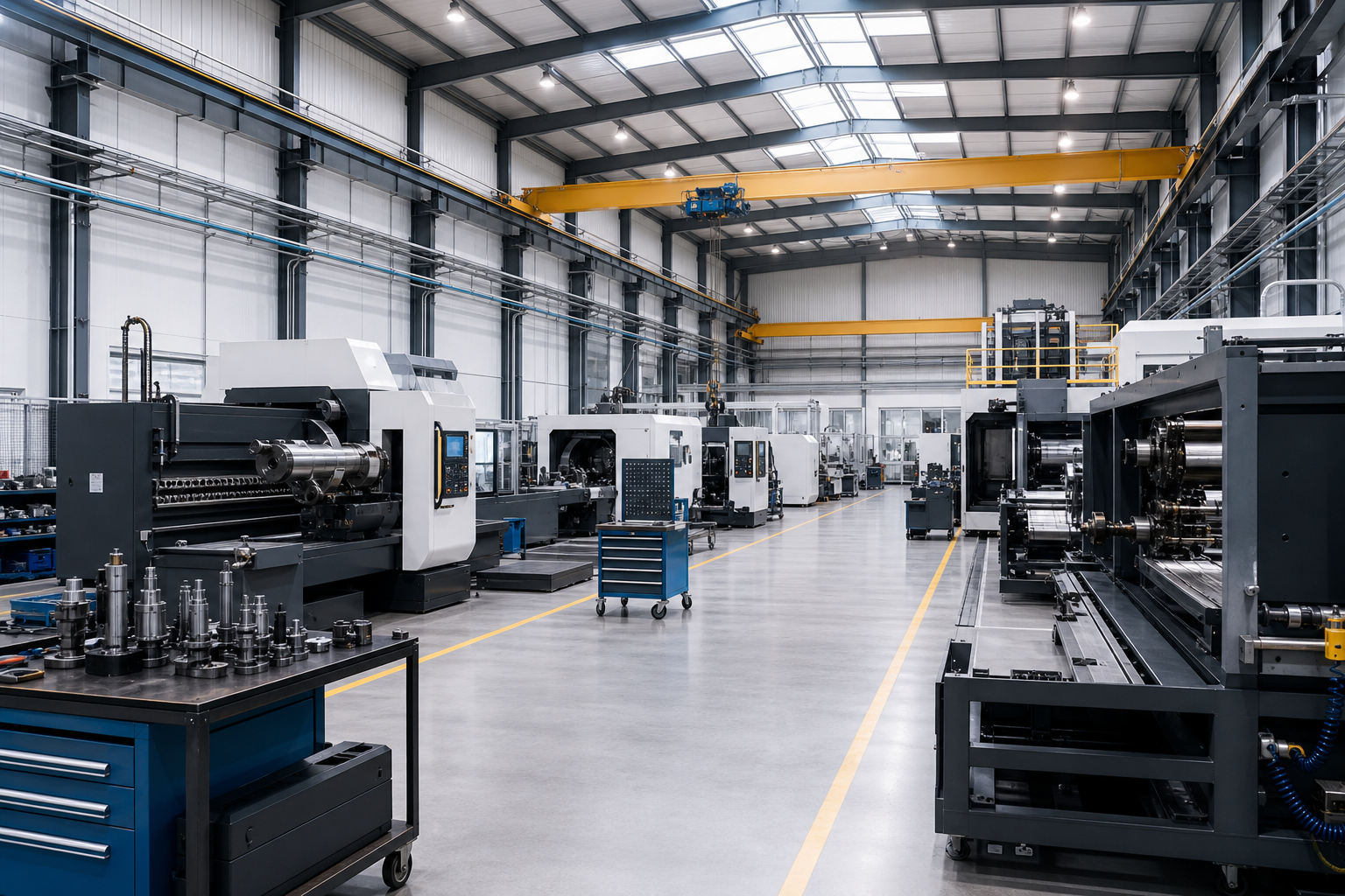 Wide-angle view of a clean textile machinery production floor with organized workstations, overhead cranes, and bright industrial lighting
