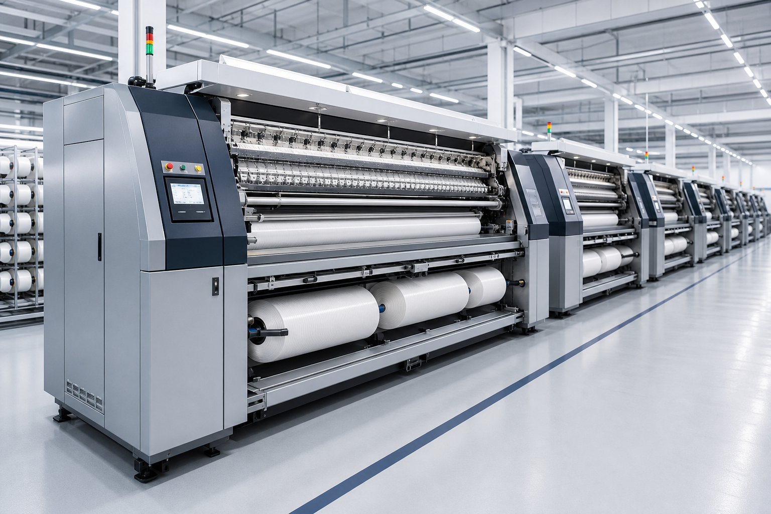Premium textile machinery line with steel-gray housings and precision rollers in a clean factory setting