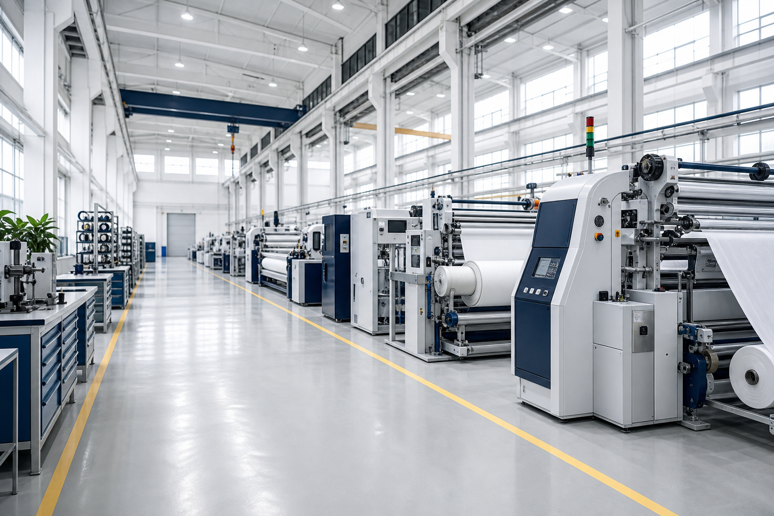 Bright, clean textile machinery production hall with precision equipment and orderly assembly lines