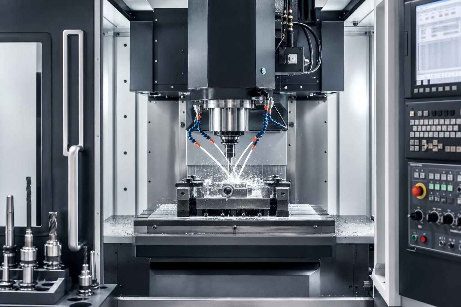 CNC machining center operating on steel parts with safety enclosure, coolant flow, and organized tooling