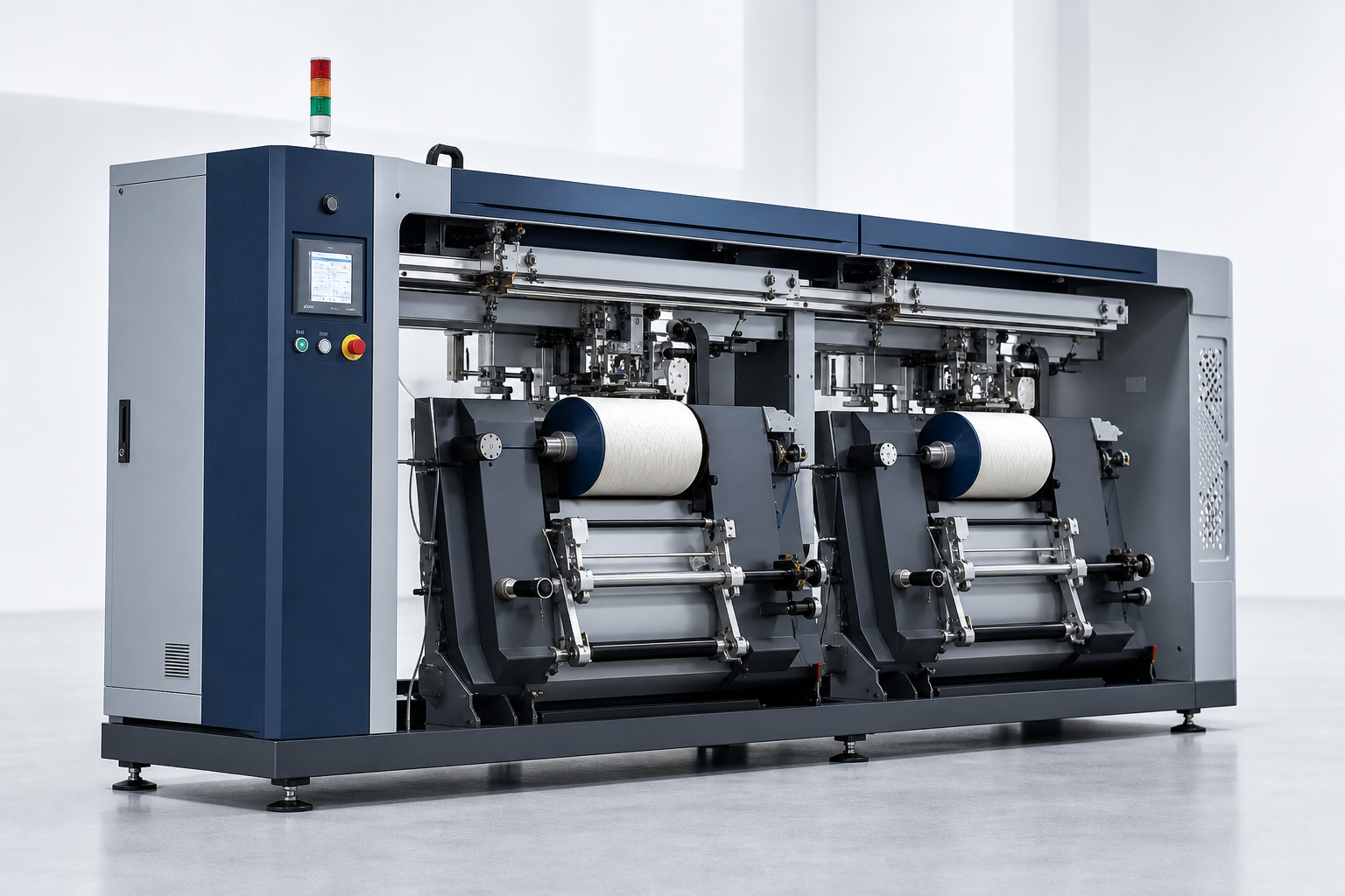 Large modular magnetic yarn winder machine in steel gray with dual winding stations