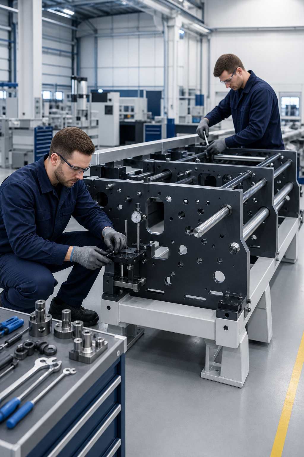 Technicians assembling a large textile machine frame with precision tools, steel components, and calibrated fixtures