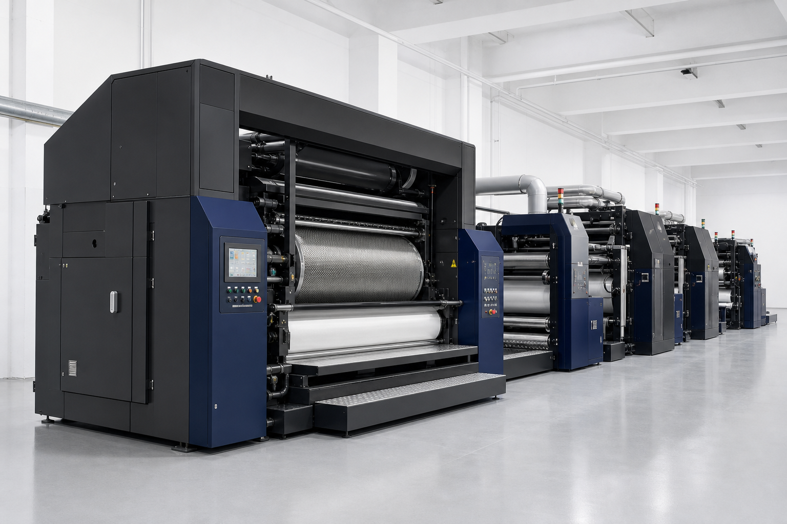 Industrial precision carding line with dark charcoal housing and navy control panels