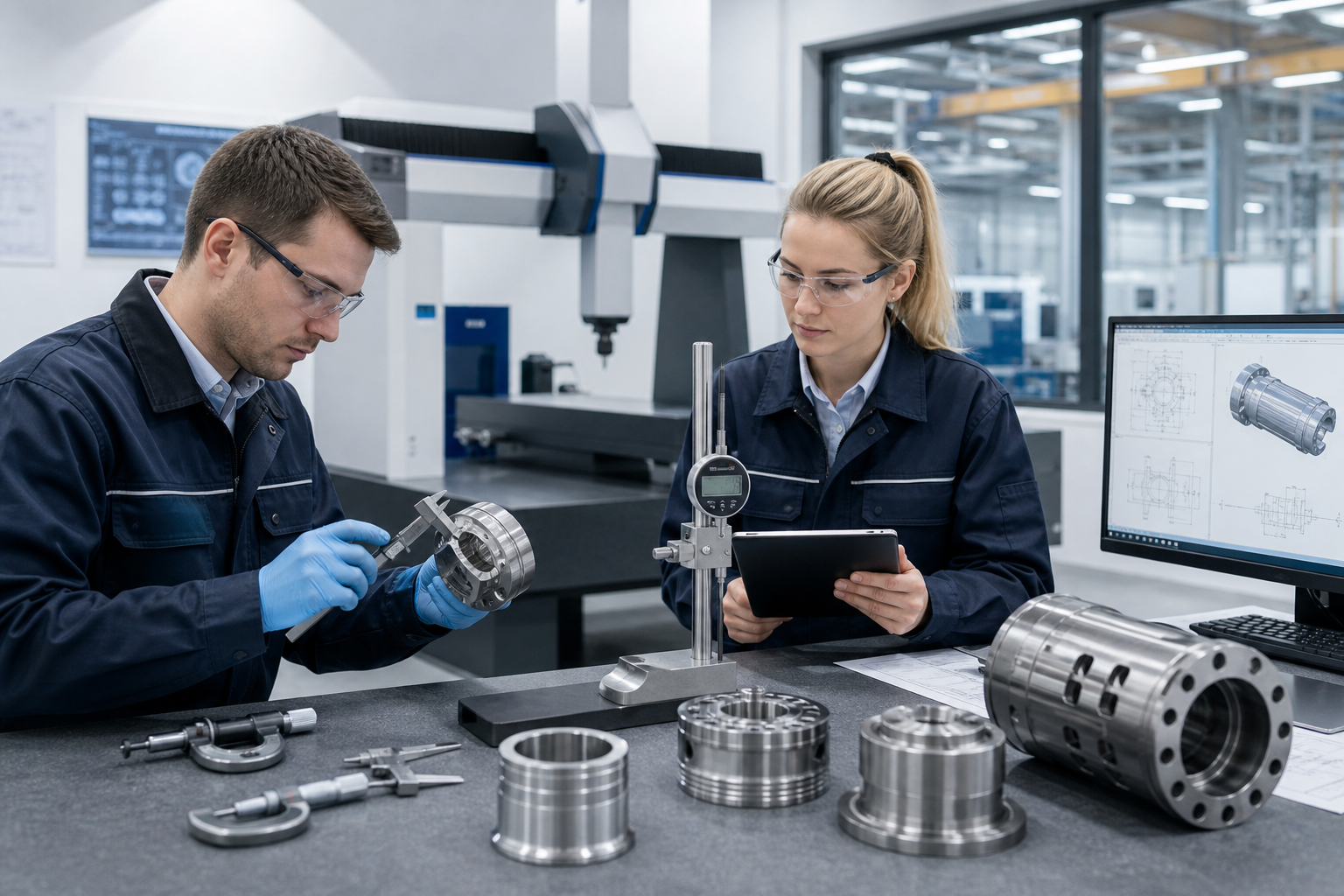 Quality inspection station with engineers reviewing machine components using measurement tools and digital gauges