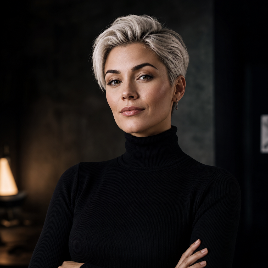 Portrait of a confident female founder with short platinum hair, wearing a black turtleneck against a dark studio background