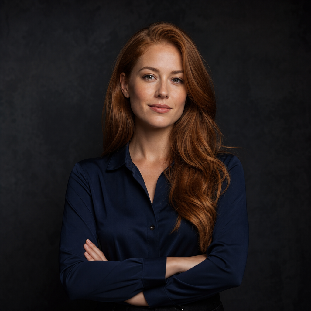 Portrait of a female business owner with long auburn hair, wearing a sleek navy blouse, photographed against a dark textured backdrop
