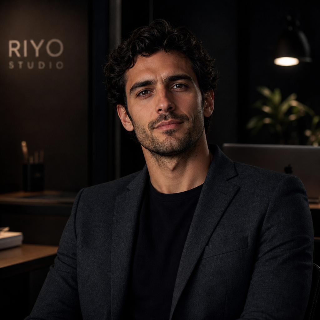 Portrait of a male startup CEO with wavy dark hair and light stubble, wearing a charcoal blazer in a dimly lit office