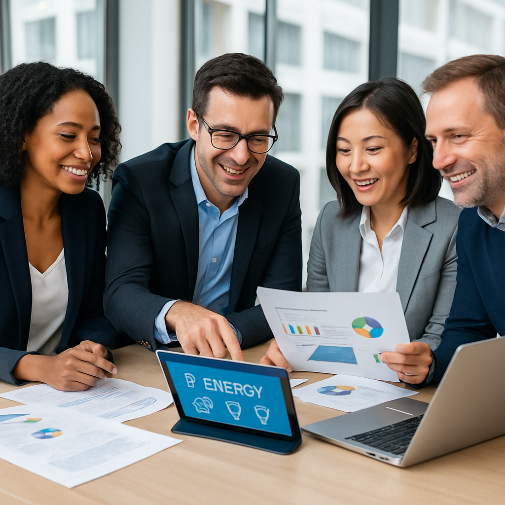 Energy consulting team collaborating at a modern office table