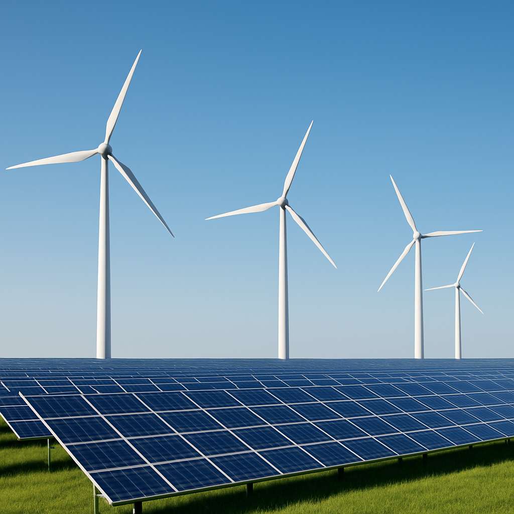 Wind turbines and solar panels representing renewable energy expertise