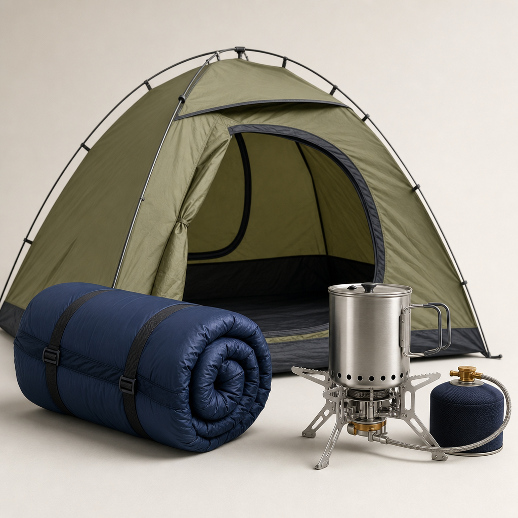 Compact camping equipment set with a modern dome tent, insulated sleeping bag, and portable camp stove