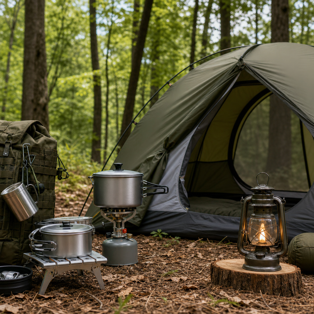 Premium camping equipment including a weatherproof tent, compact stove, and lantern on a forest clearing