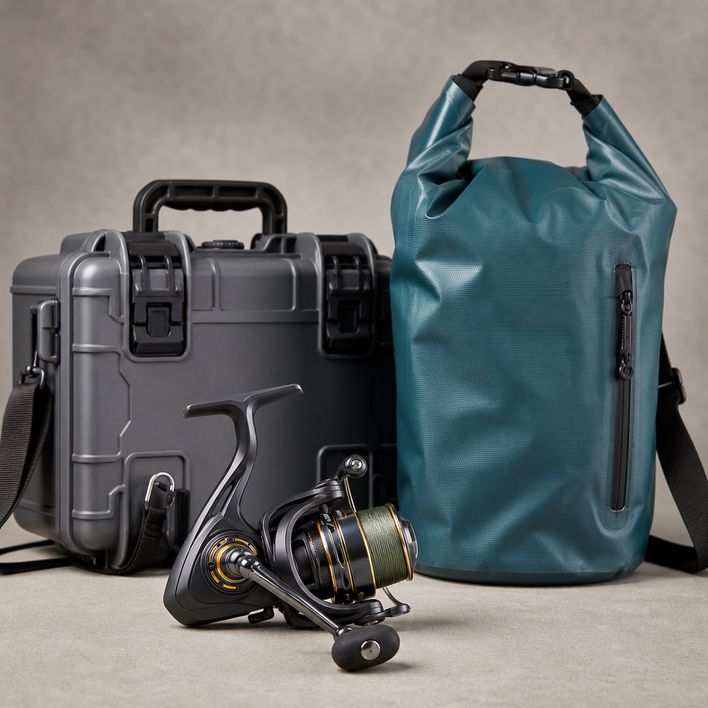 Fishing and adventure gear arrangement with a compact reel, waterproof tackle case, and durable dry bag