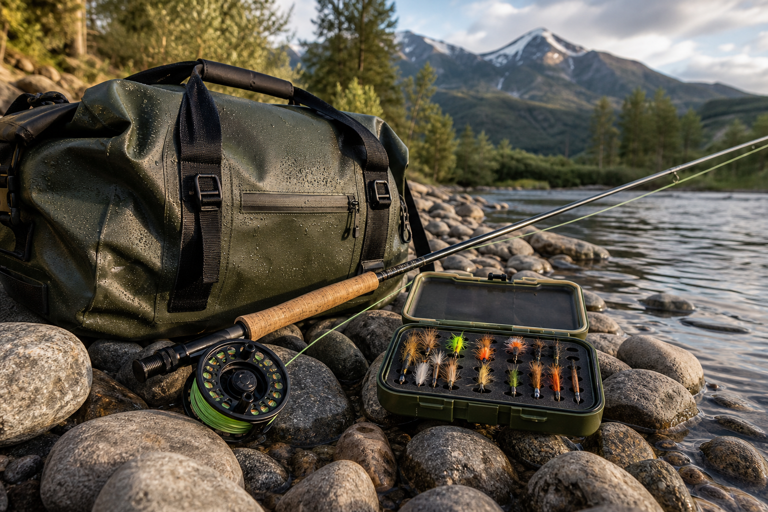 Fishing and adventure gear including a fly rod, tackle box, and waterproof duffel beside a riverbank