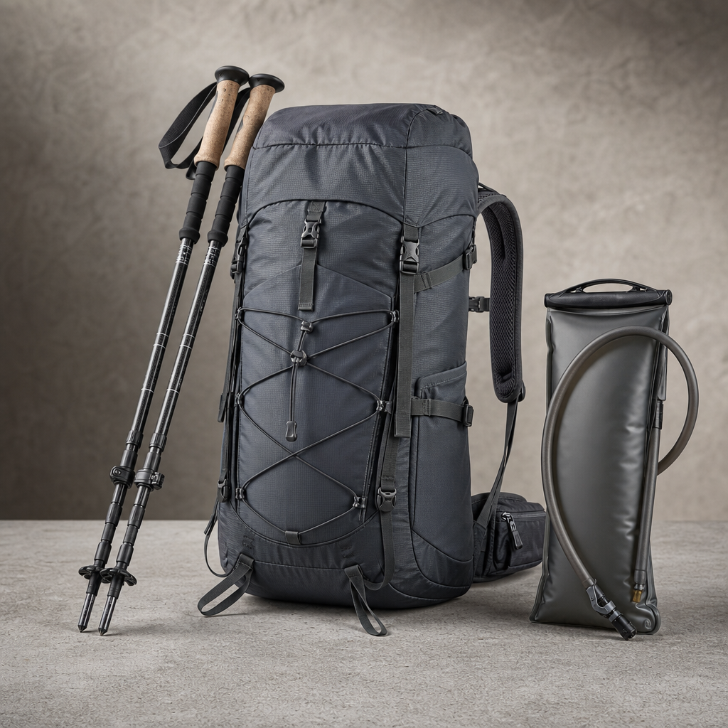 Premium hiking gear kit with rugged trekking backpack, collapsible trekking poles, and a weatherproof hydration pack