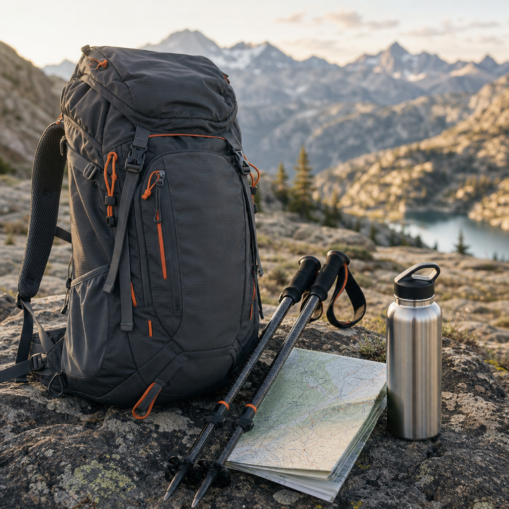 Hiking gear arranged with a rugged backpack, carbon trekking poles, and a mountain map on a rocky trail