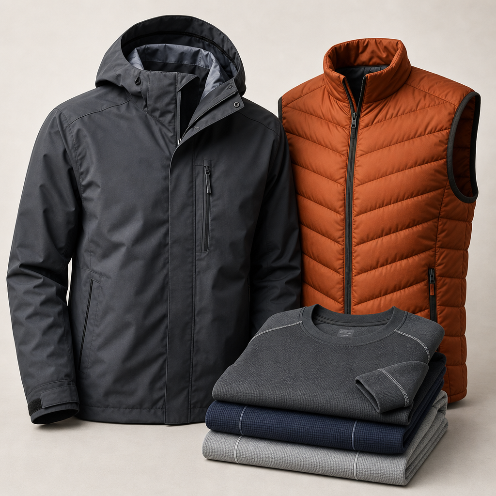 Premium outdoor apparel bundle featuring a waterproof shell jacket, insulated vest, and breathable base layers