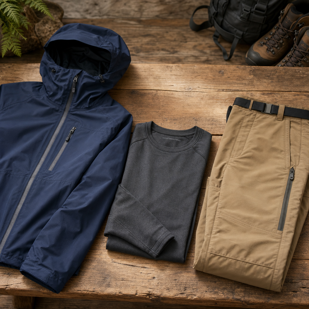 Outdoor apparel laid out with a waterproof shell jacket, breathable base layer, and trail pants in neutral tones