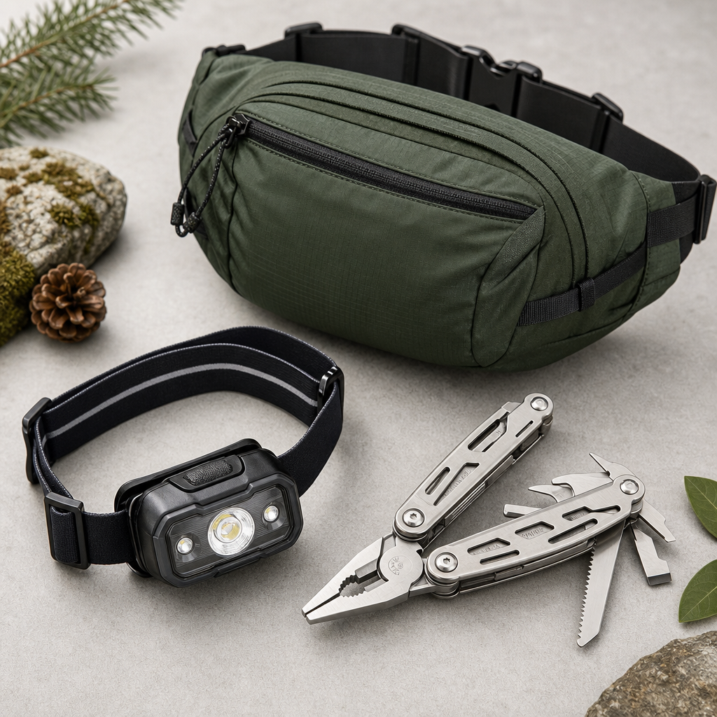 Trekking accessories kit with compact headlamp, multi-tool, and lightweight waist pack
