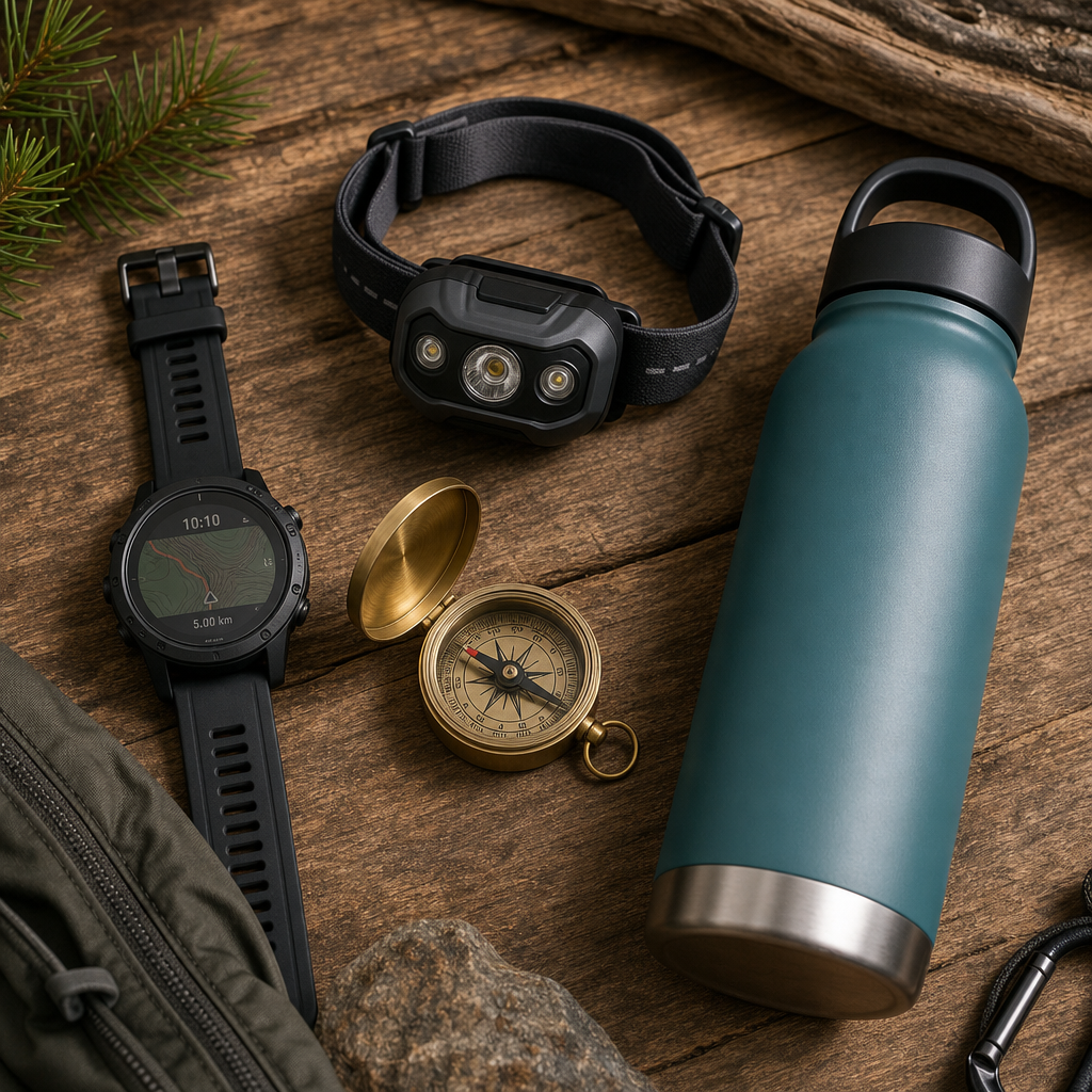 Trekking accessories featuring a GPS watch, headlamp, compass, and insulated water bottle on a wooden surface