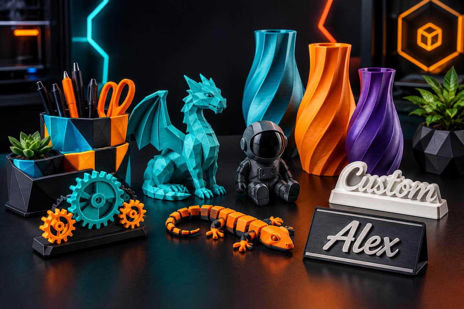 Polished storefront display of colorful 3D printed products including desk organizers, figurines, geometric decor, and personalized nameplates