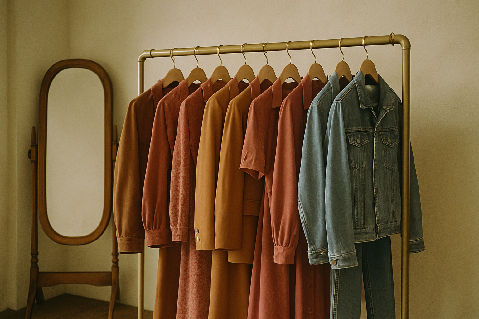 Curated vintage clothing rack in a boutique studio