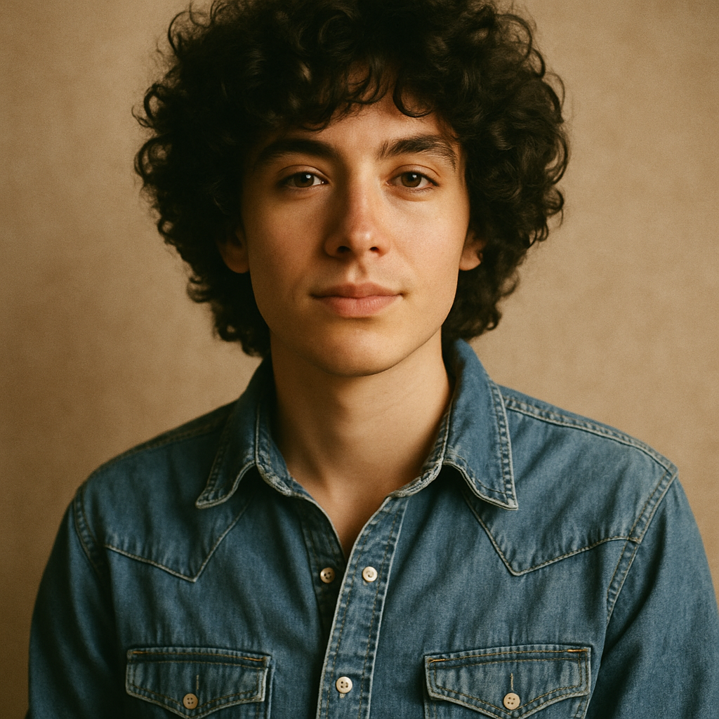 Portrait of Ren, a person with curly hair and a vintage denim shirt