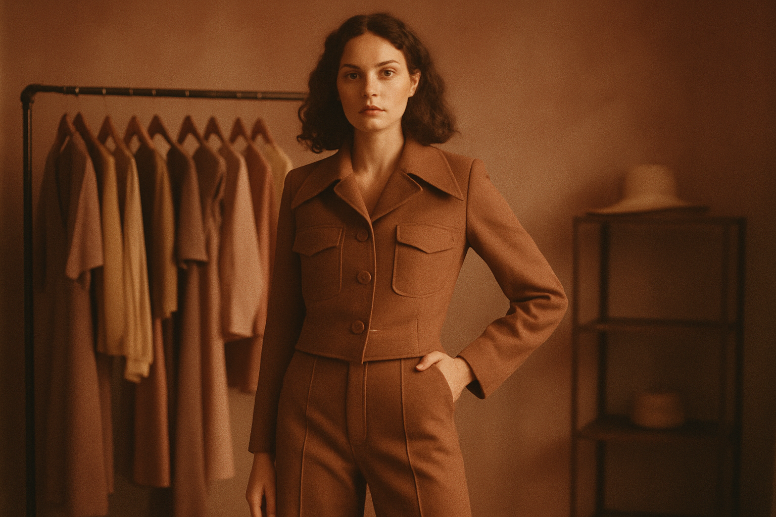 Model in a 70s-inspired vintage outfit with warm film tones