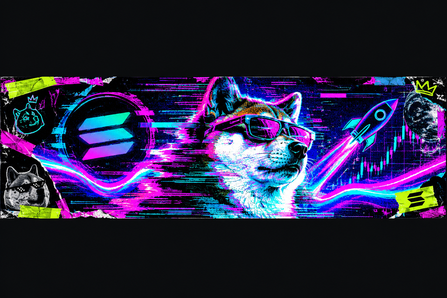 Wide neon meme banner showing a glitched Shiba-inspired silhouette, Solana-style energy waves, and chaotic poster textures in a dark high-contrast frame