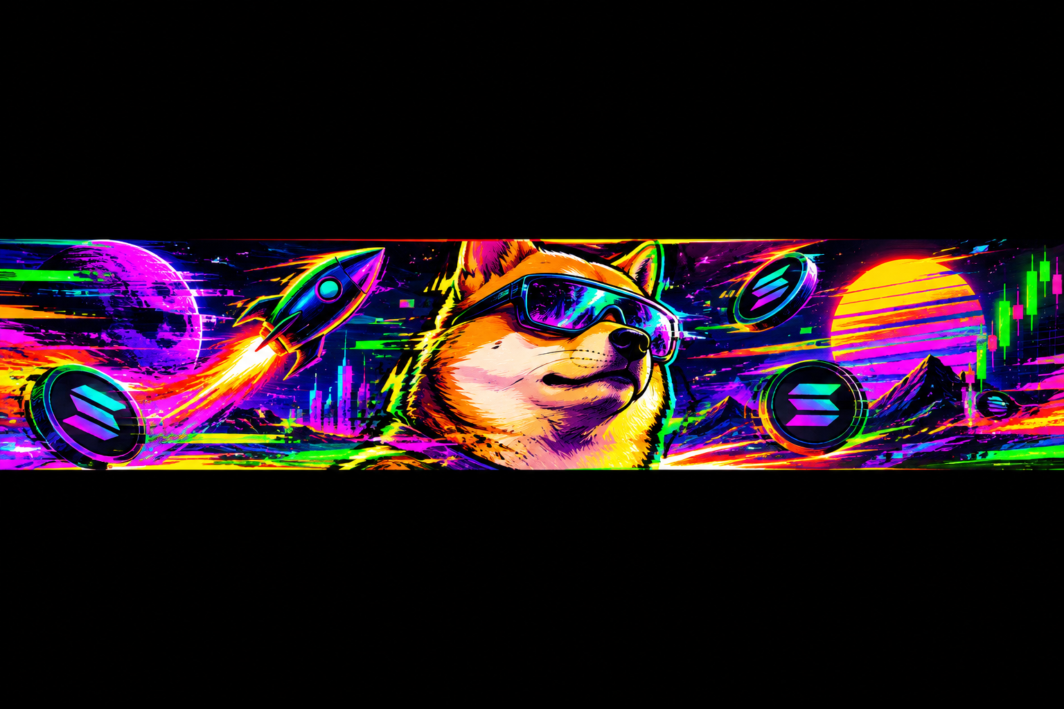Narrow horizontal meme promo strip with energetic neon streaks and glitch texture