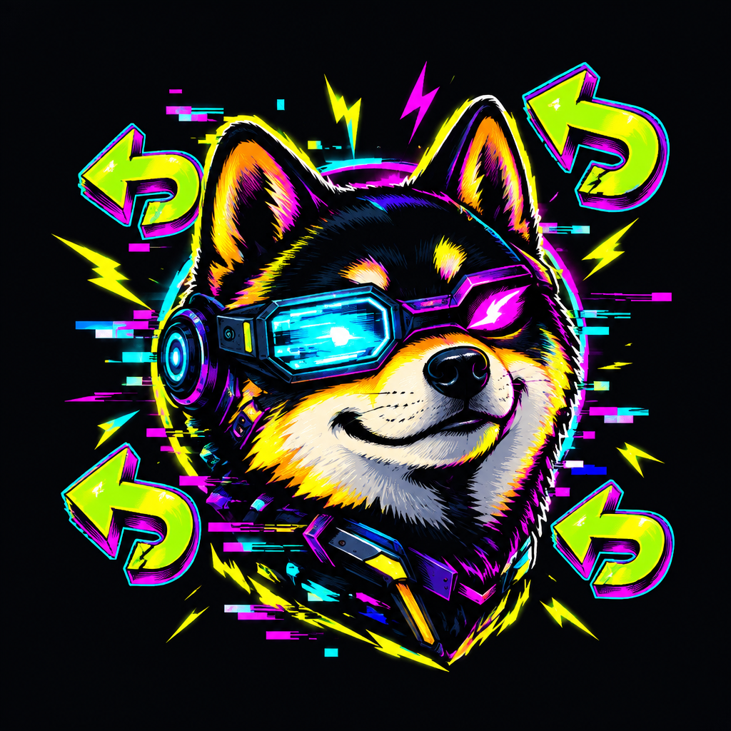 Small meme-style glitch Inu character with neon cyber details and chaotic reverse-energy symbols