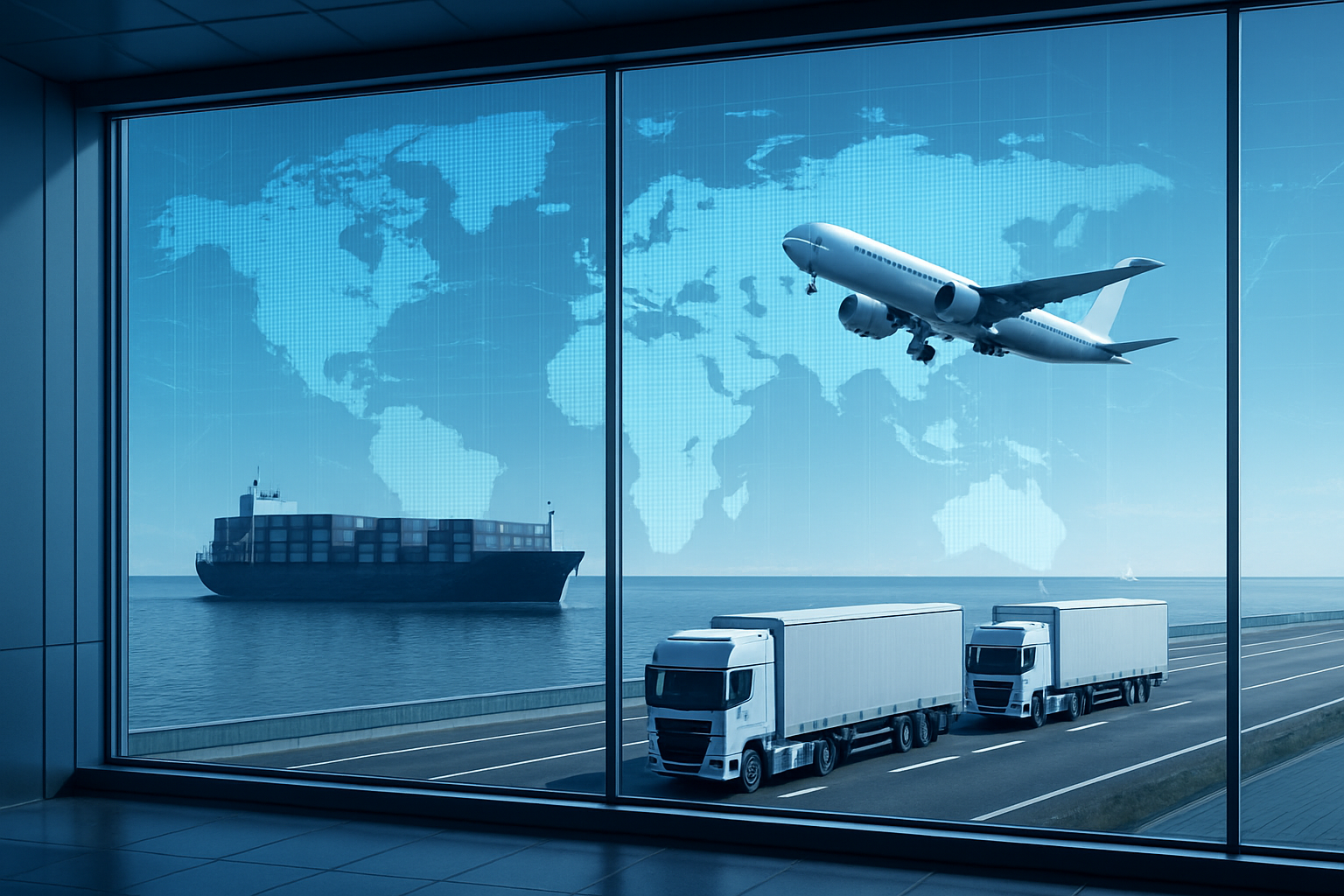 Modern logistics control tower with cargo plane, container ship, and trucks moving along a digital network map