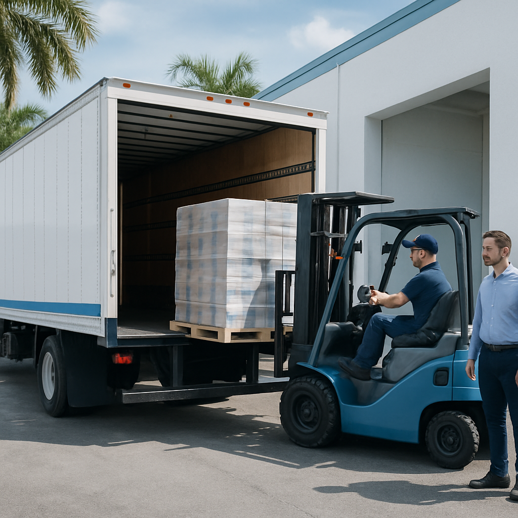 26-foot box truck with open rear, pallets being loaded at a Florida warehouse, professional logistics scene, confident and trustworthy mood, cool blue and white color tones, bright natural light, realistic photography