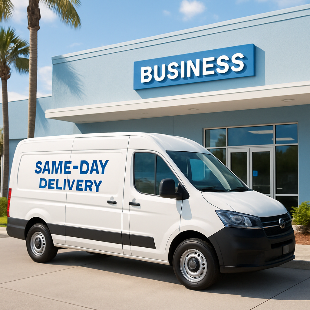 Modern white cargo van used for same-day delivery, parked in front of a sunny Florida business, professional and reliable mood, clean blue and white palette, bright and inviting lighting, realistic photography