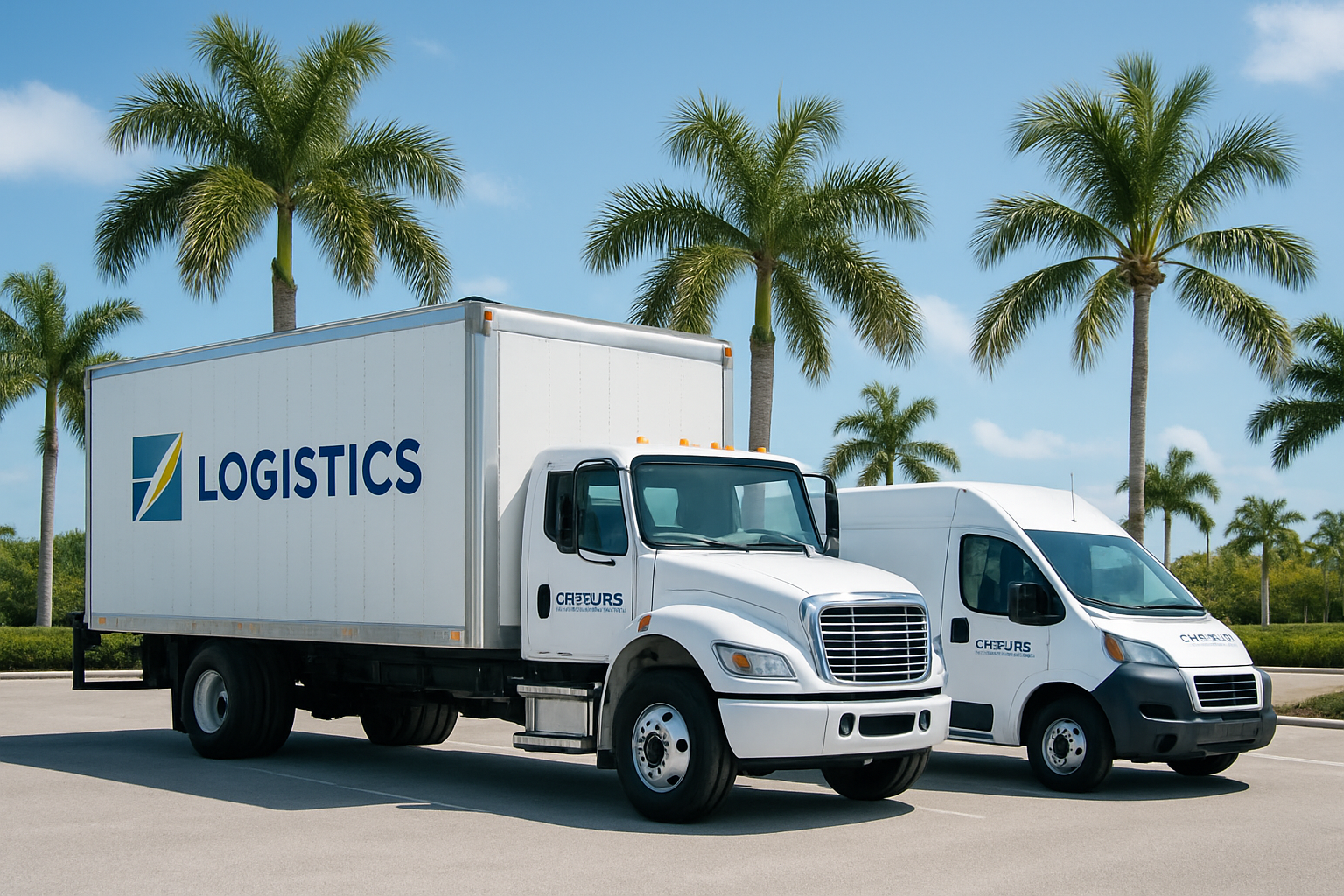 26-foot box truck and cargo van representing Florida courier service, professional logistics, clean and modern style
