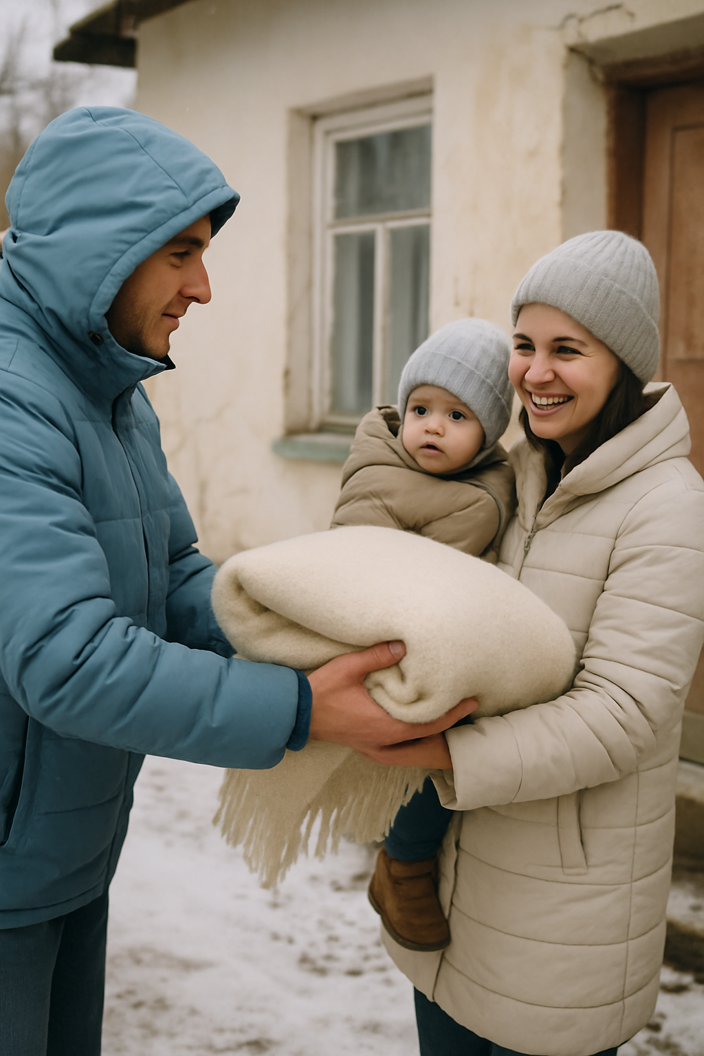 Volunteer handing a warm blanket to a mother and child outside a snowy home in Ukraine