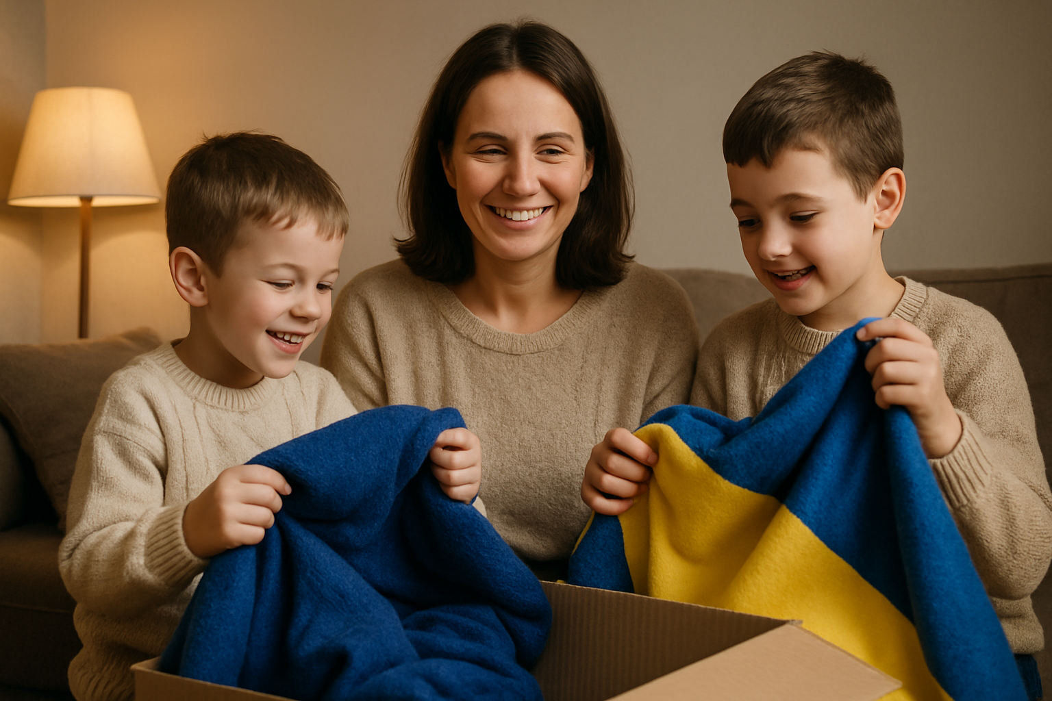 Mother and two children unpacking warm blankets in their apartment