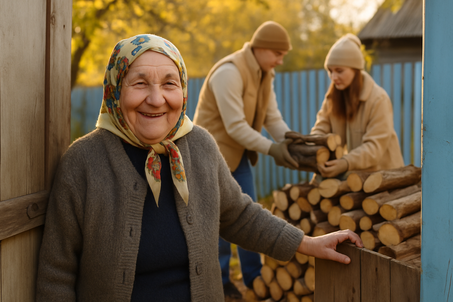 Elderly woman receiving a firewood delivery at her village gate